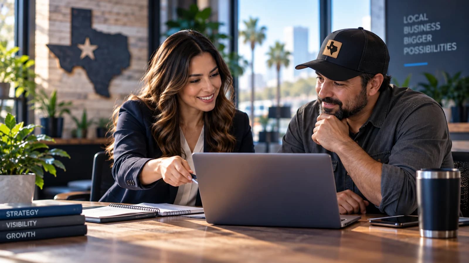 Texas small business owners reviewing digital marketing and AI search performance